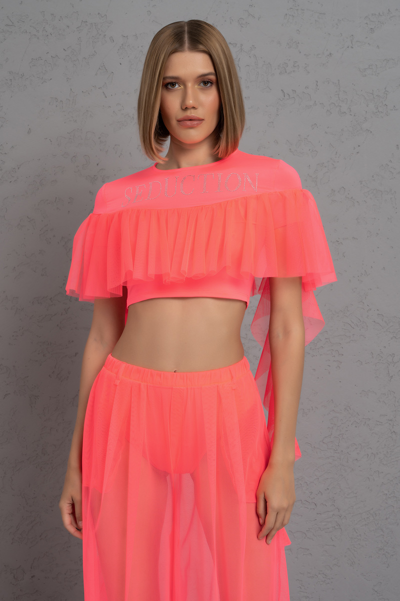 Wholesale Neon Fuchsia Frill Crop Top & Sheer Pants with Shorts