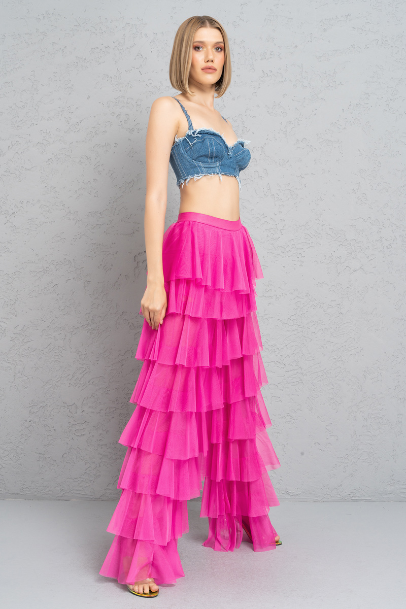 Wholesale Tiered Tulle Pants in New Fuschia