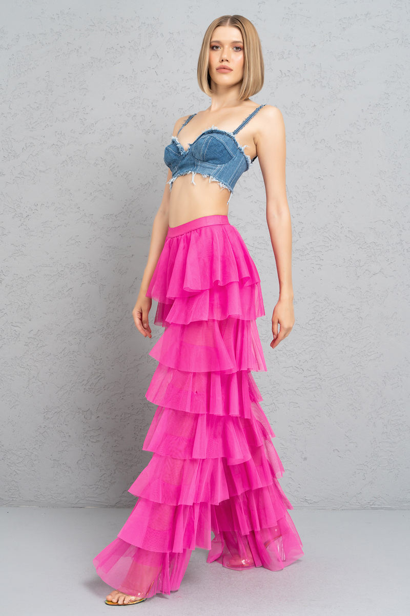Wholesale Tiered Tulle Pants in New Fuschia