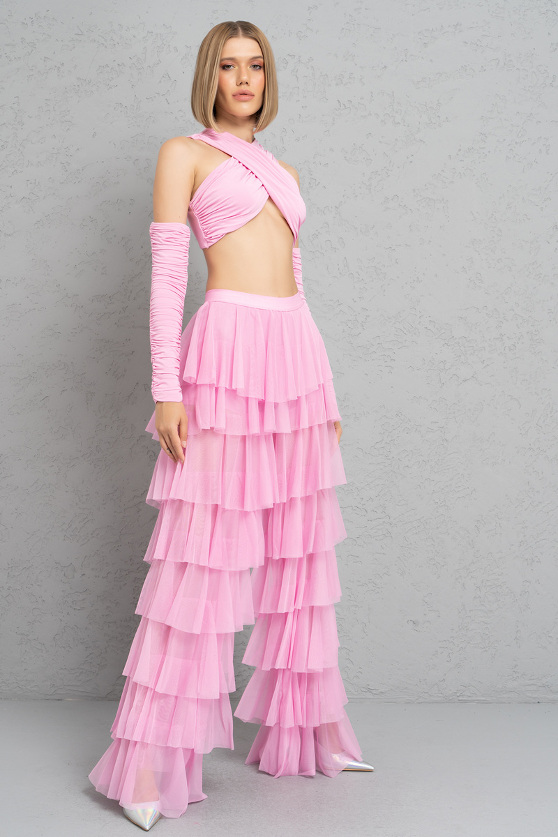 Wholesale Tiered Tulle Pants in New Pink
