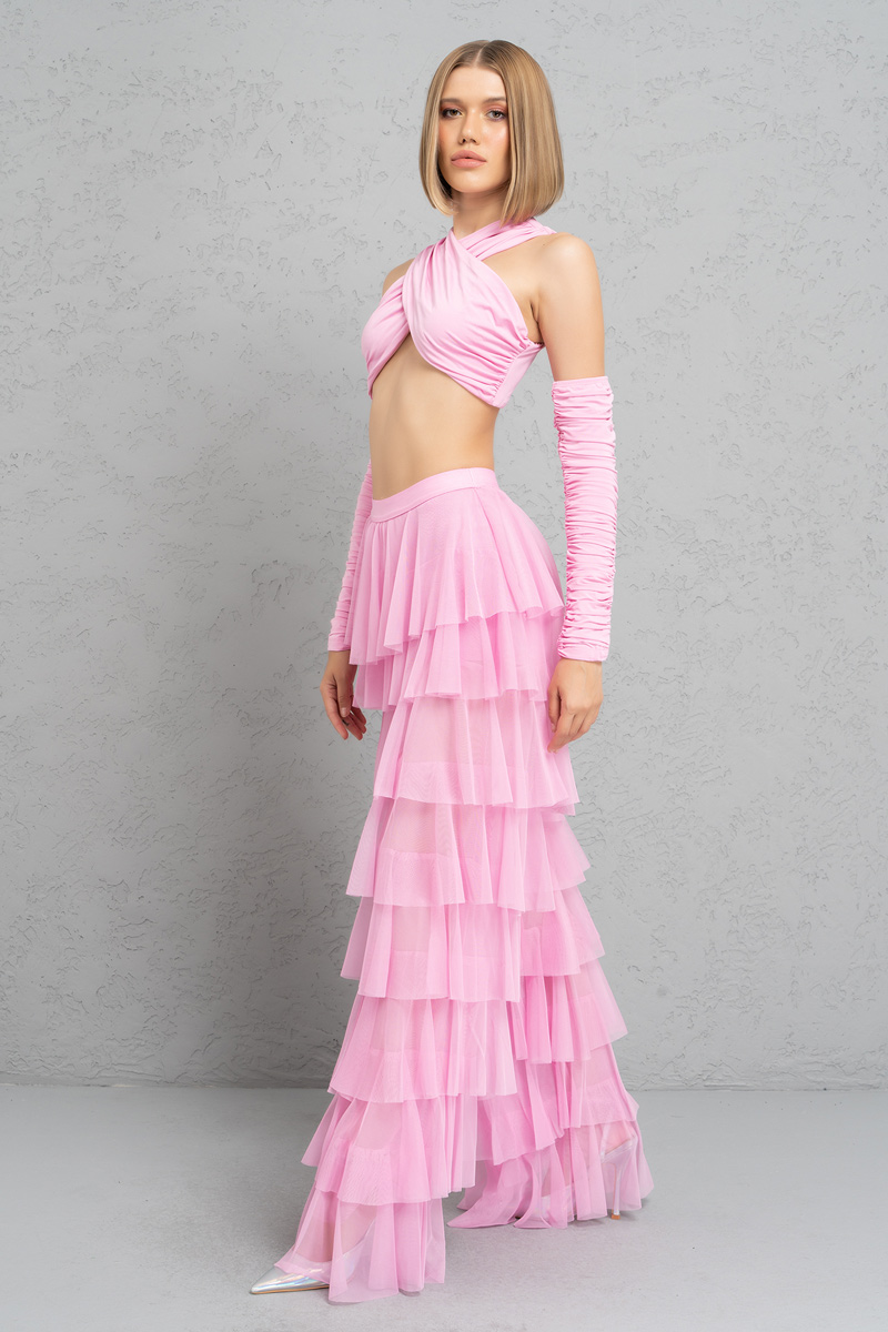 Wholesale Tiered Tulle Pants in New Pink