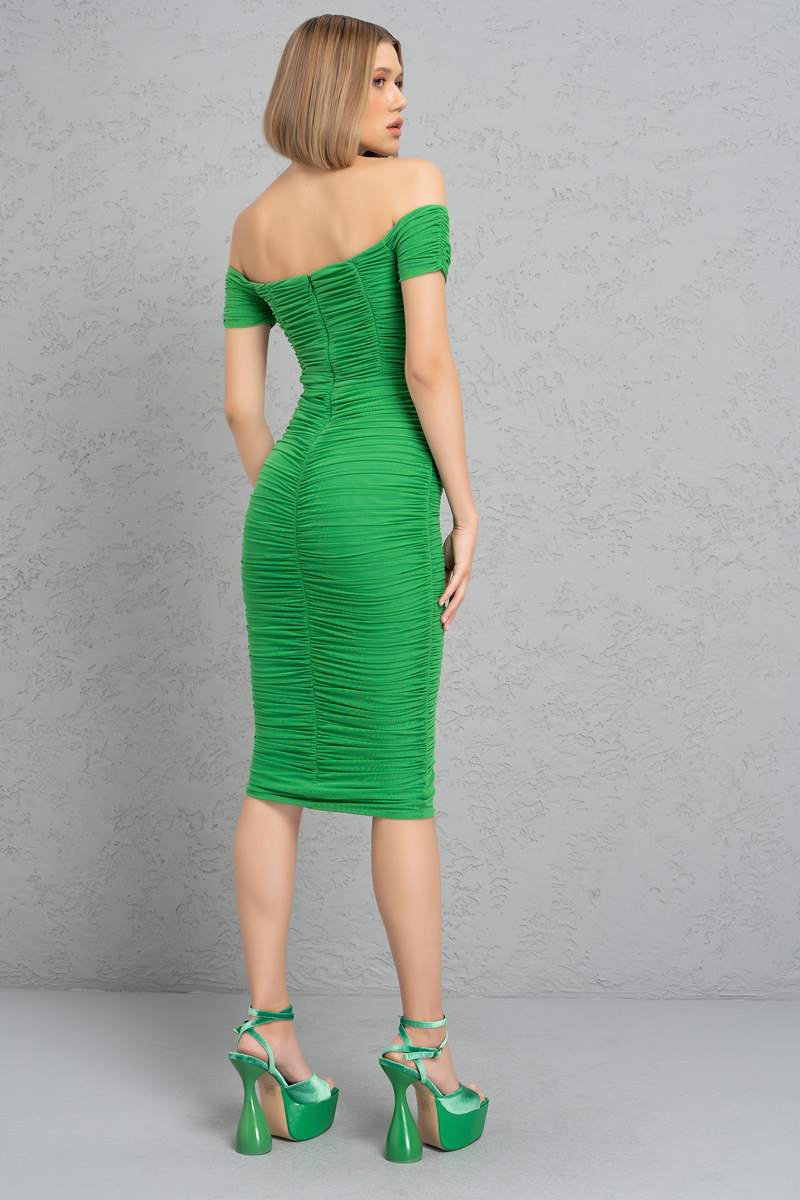 Kelly Green Shirred Tube Midi Dress