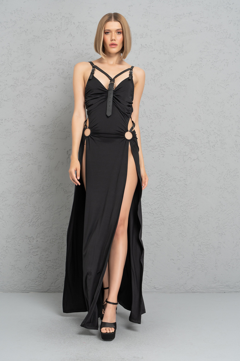 Wholesale Black Maxi Dress with Faux Leather Straps