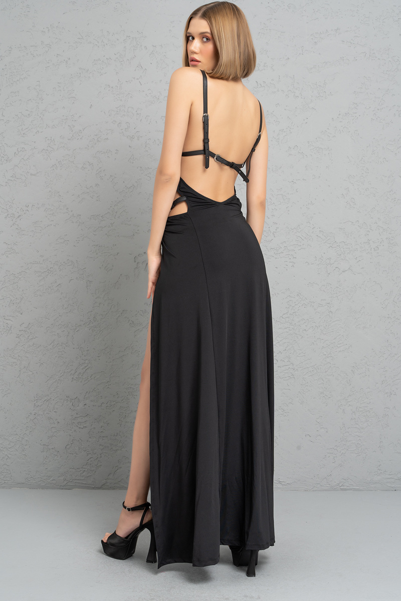 Siyah Deri Kemer Detaylı Maxi Elbise