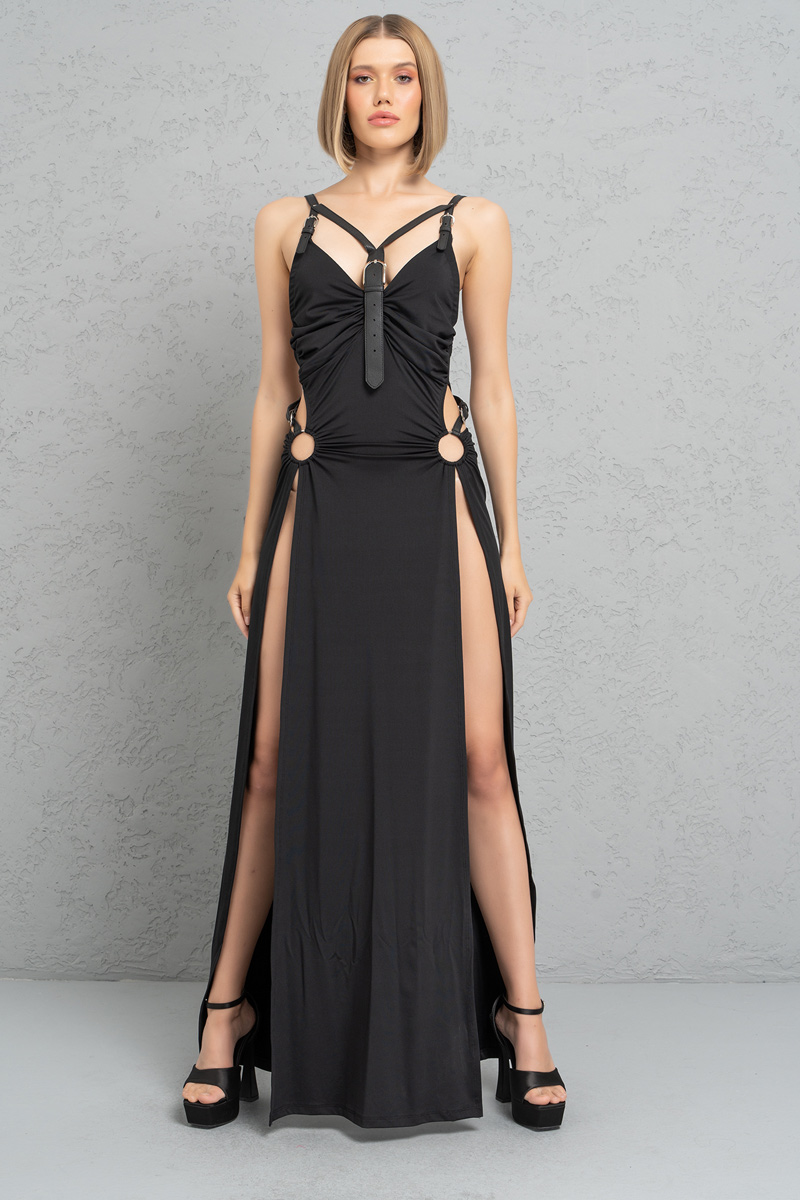 Black Maxi Dress with Faux Leather Straps