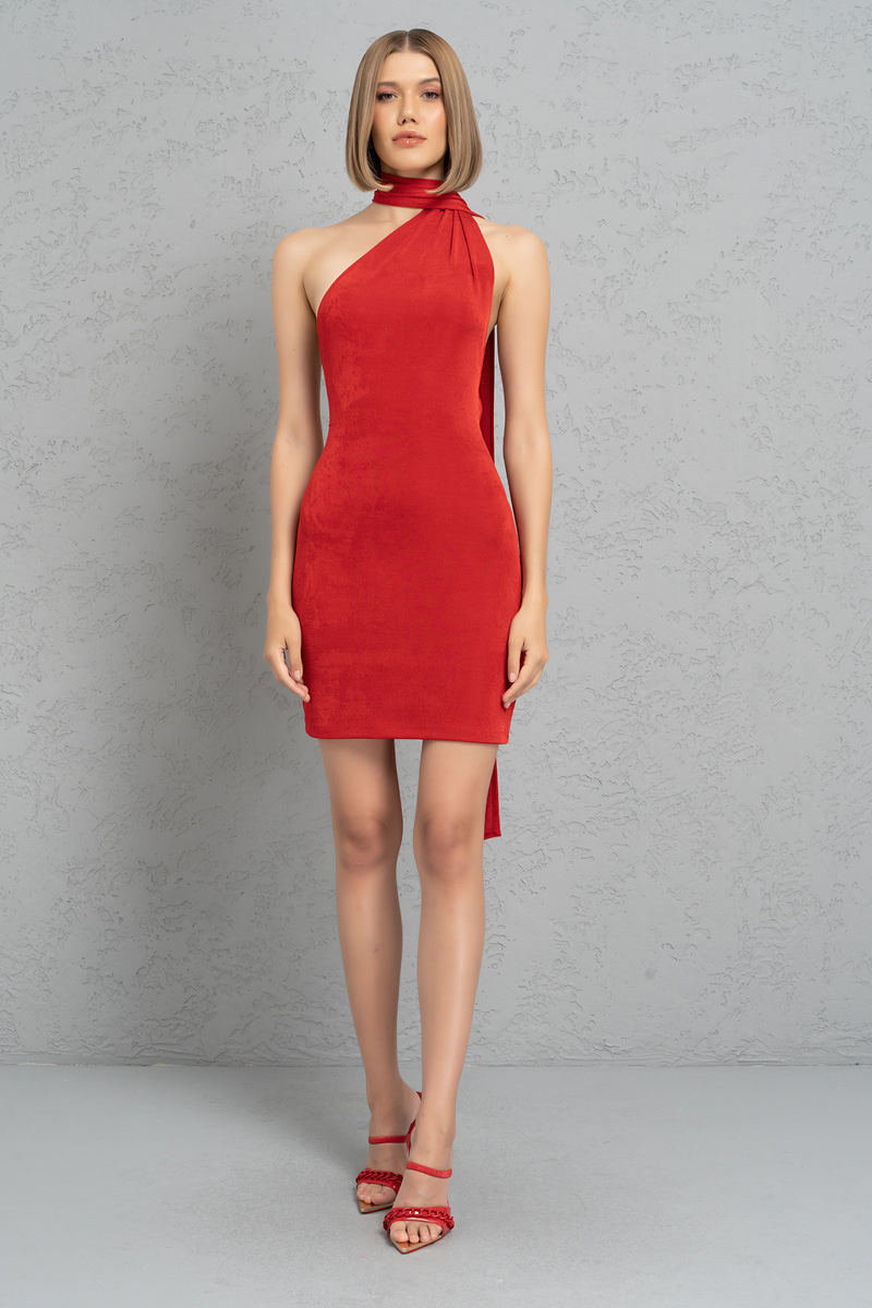 Red Tie-Neck Mini Dress