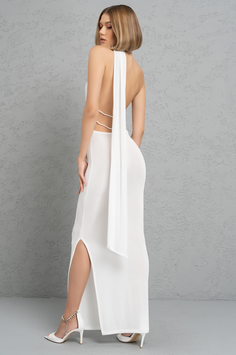 Wholesale Offwhite Backless Halter Maxi Dress