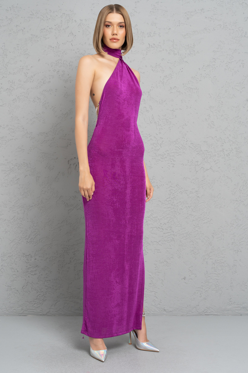 Magenta Backless Halter Maxi Dress