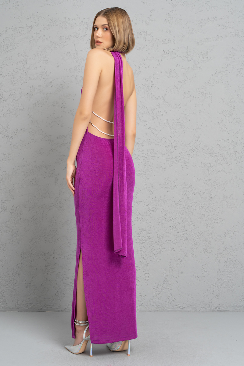 Magenta Backless Halter Maxi Dress