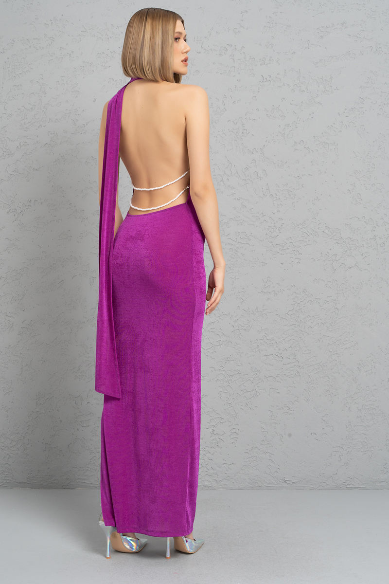 Magenta Backless Halter Maxi Dress