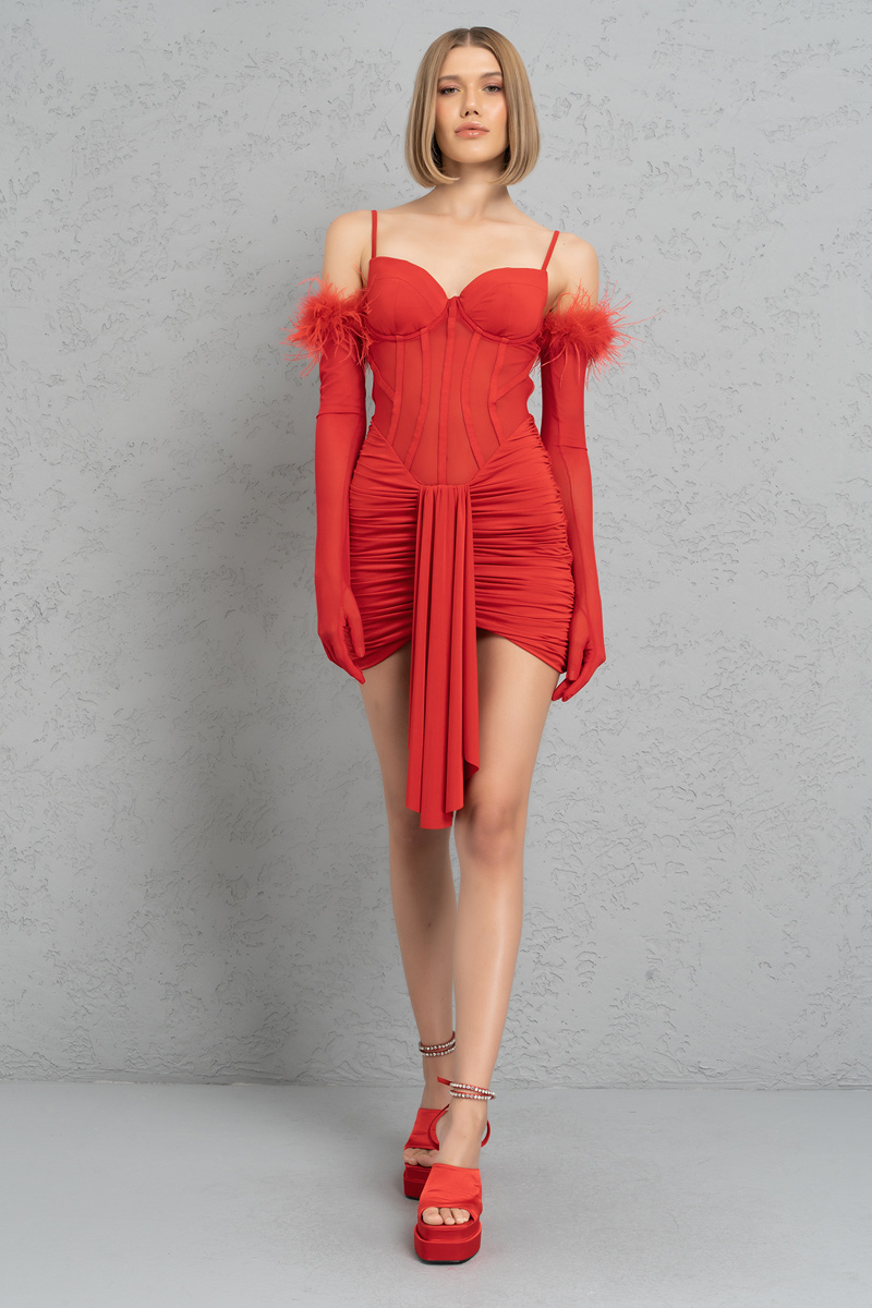Toptan Kırmızı Eldivenli Eteği Büzgülü Transparan Elbise
