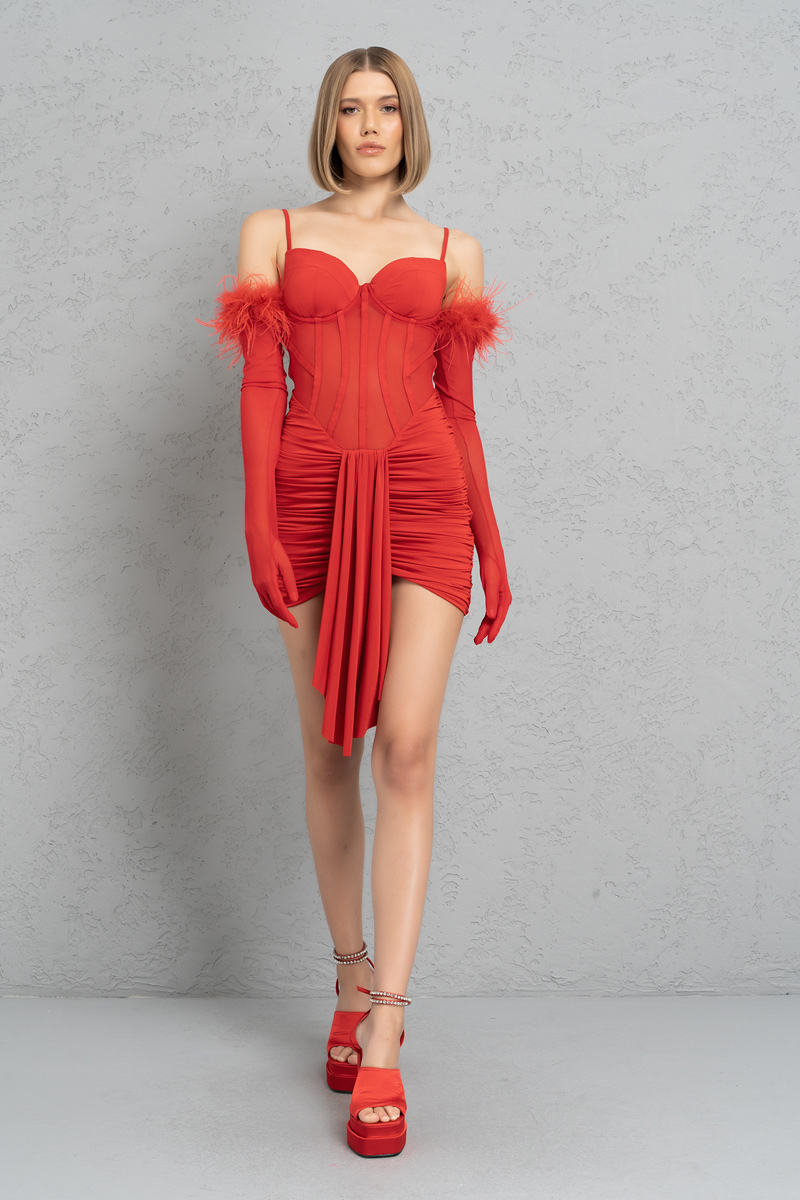 Toptan Kırmızı Eldivenli Eteği Büzgülü Transparan Elbise
