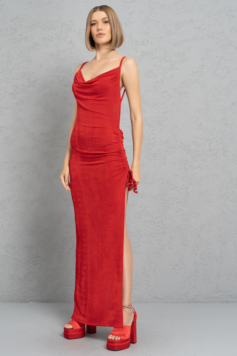 Wholesale Red Backless Cowl Neck Dress