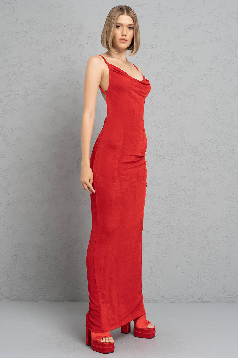 Red Backless Cowl Neck Dress