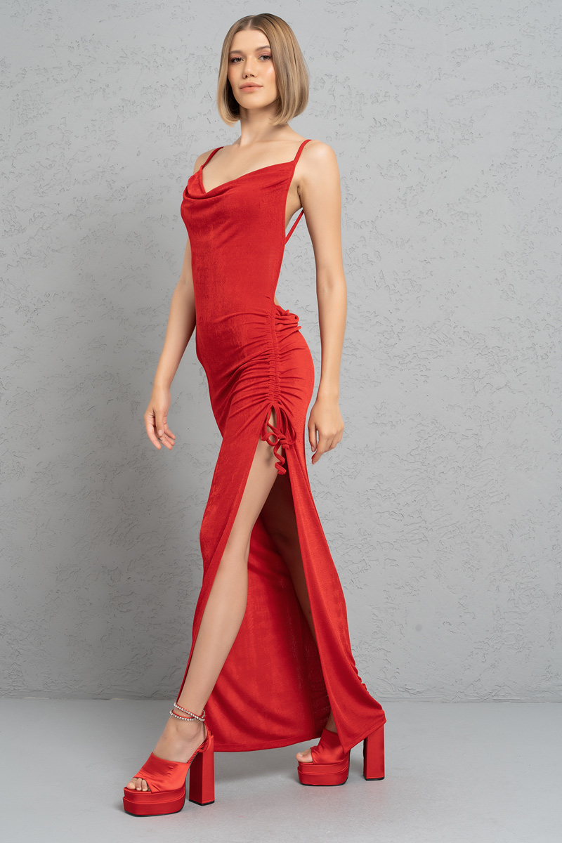 Red Backless Cowl Neck Dress