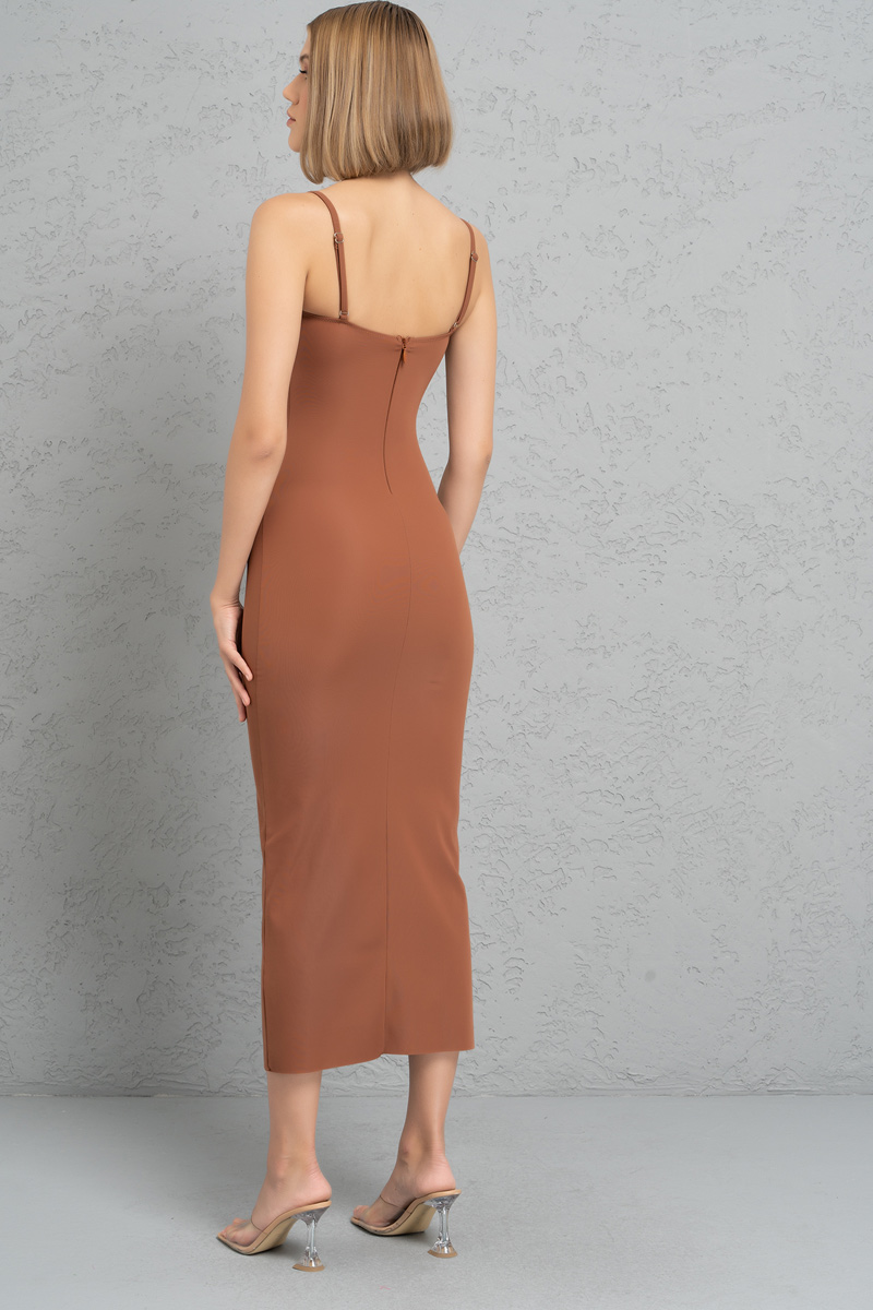 Wholesale Tobacco Bodycon Midi Dress with Padded Cups