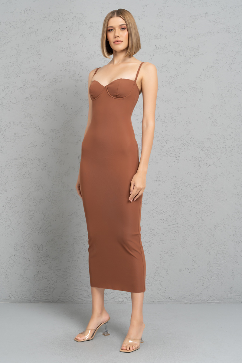 Wholesale Tobacco Bodycon Midi Dress with Padded Cups