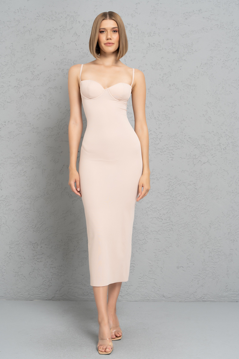 Nude Bodycon Midi Dress with Padded Cups