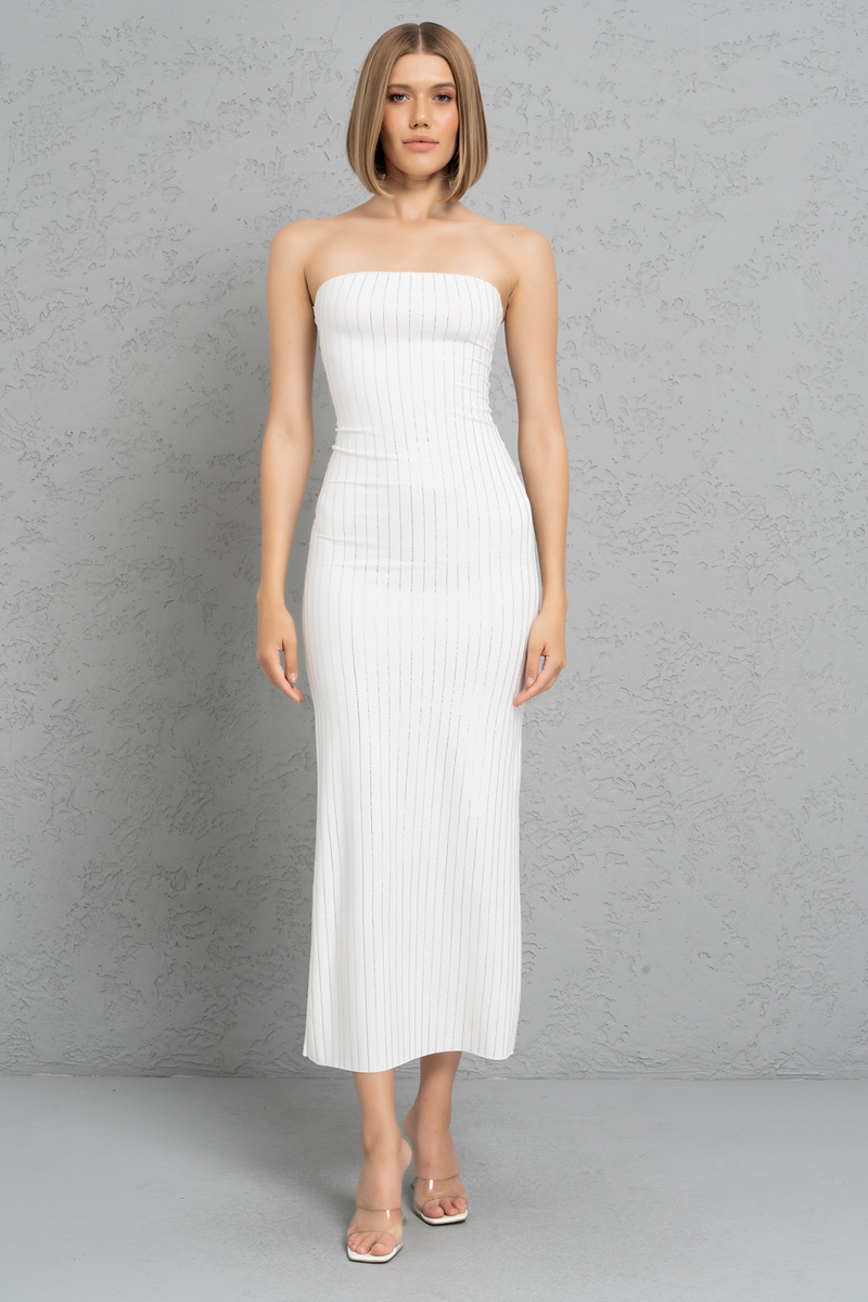 Off white Taşlı Straplez Maxi Elbise