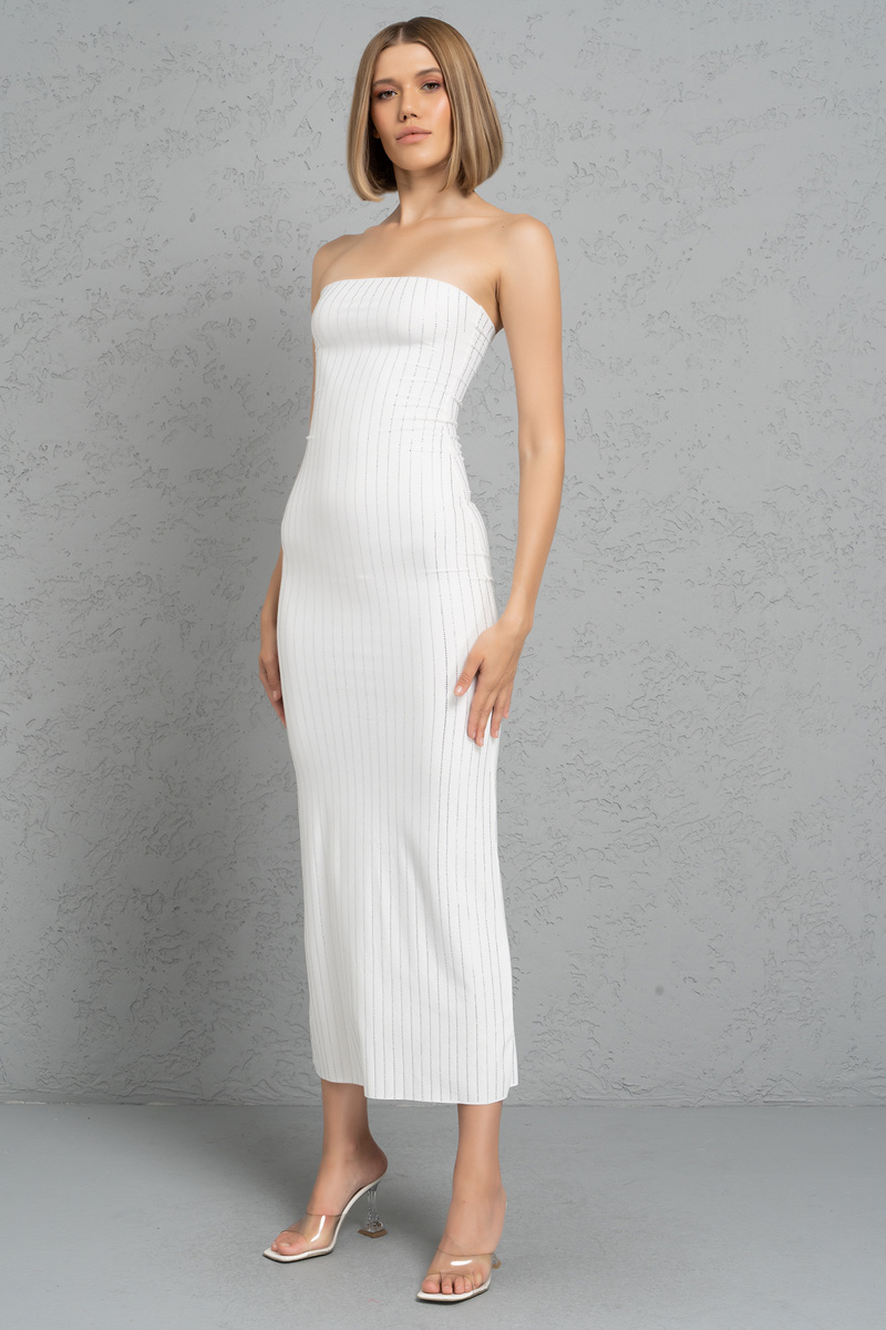 Toptan Off white Taşlı Straplez Maxi Elbise