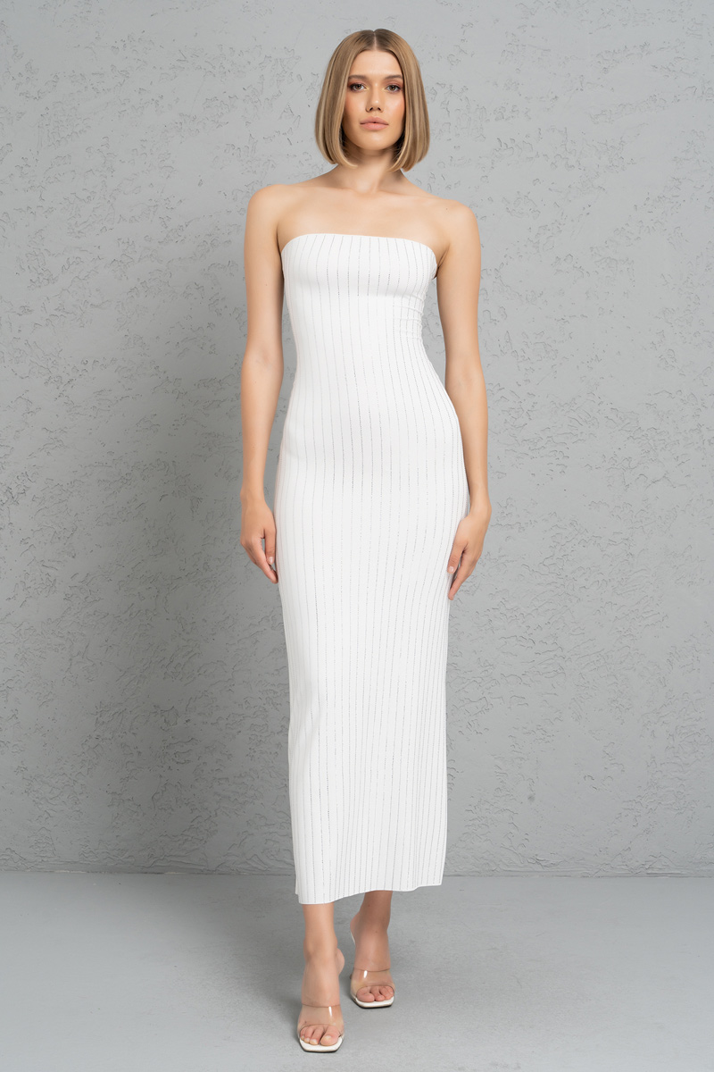 Off white Taşlı Straplez Maxi Elbise