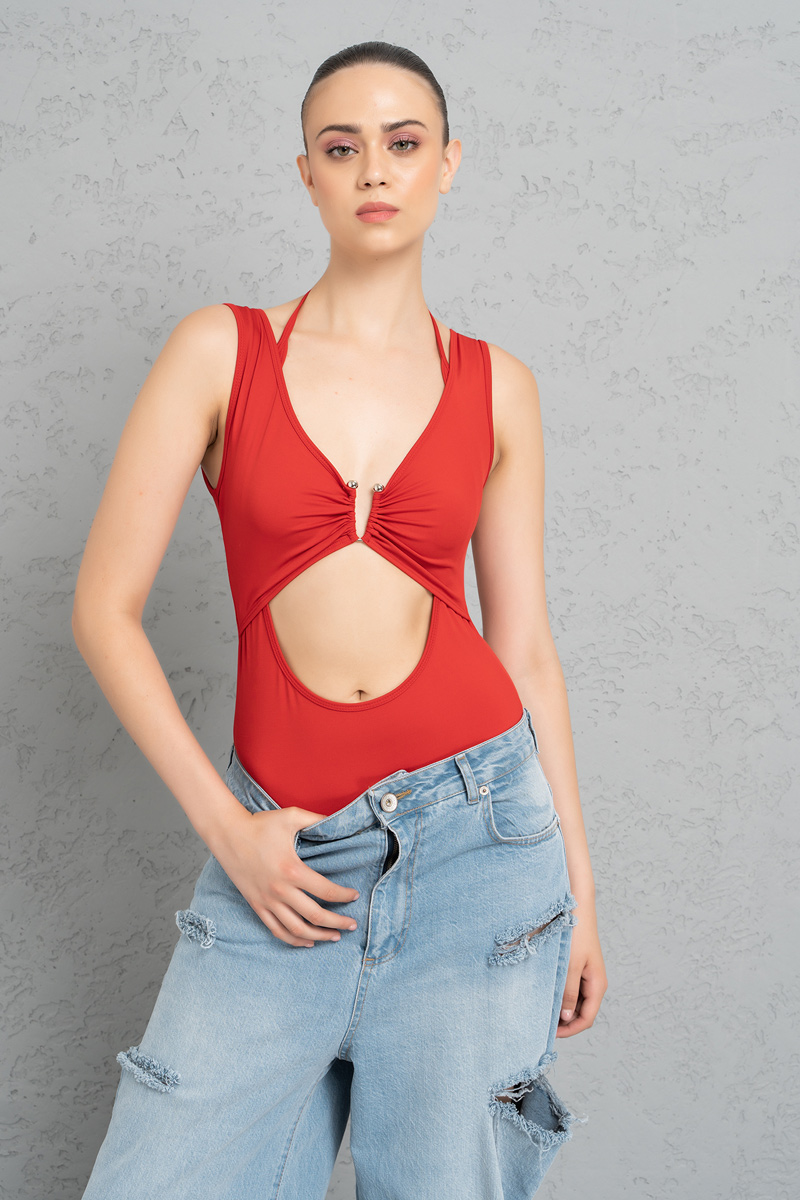 Red Plunging Cut Out Bodysuit