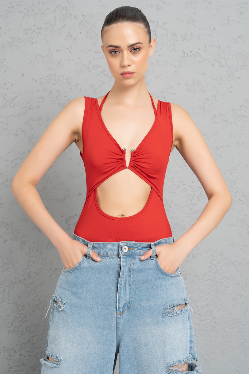 Wholesale Red Plunging Cut Out Bodysuit