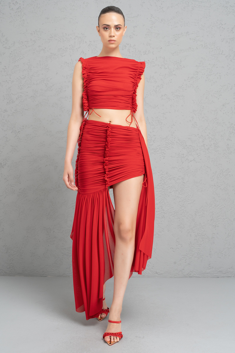 Red Shirred Mesh Crop Top & Mini Skirt Set