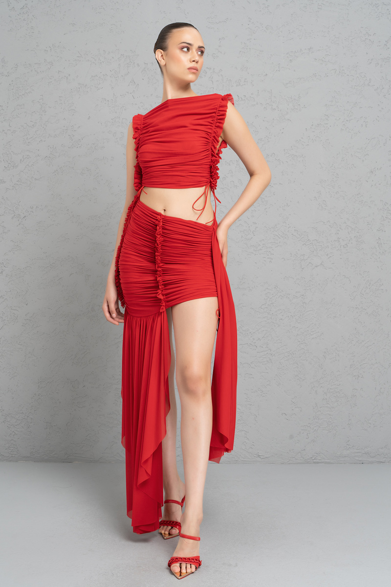 Wholesale Red Shirred Mesh Crop Top & Mini Skirt Set