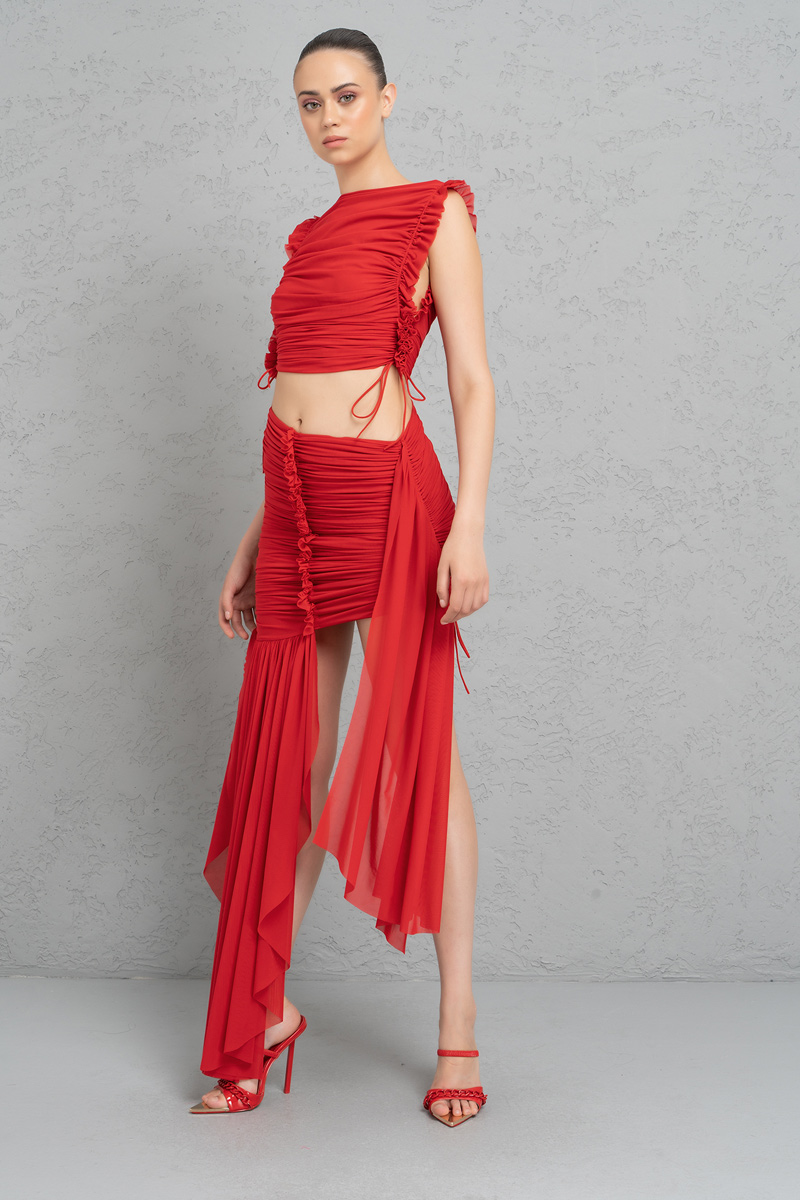 Wholesale Red Shirred Mesh Crop Top & Mini Skirt Set