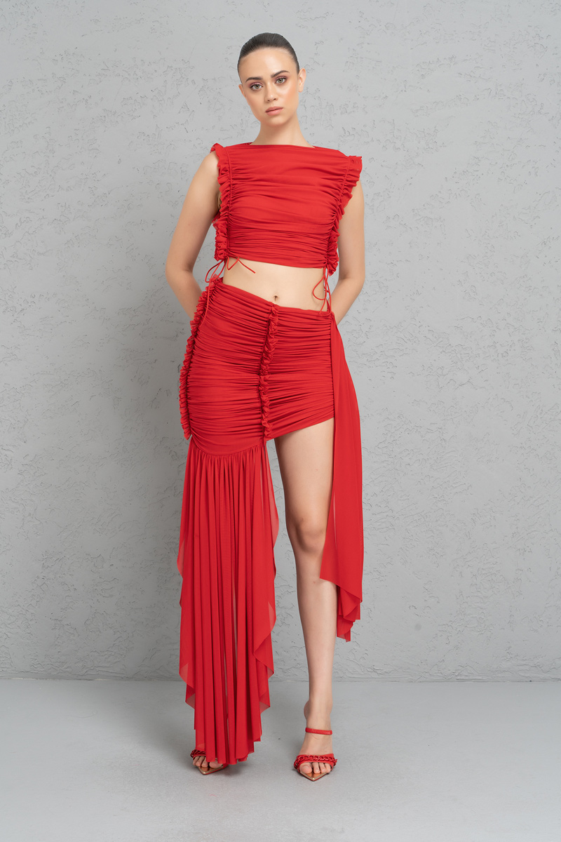 Red Shirred Mesh Crop Top & Mini Skirt Set