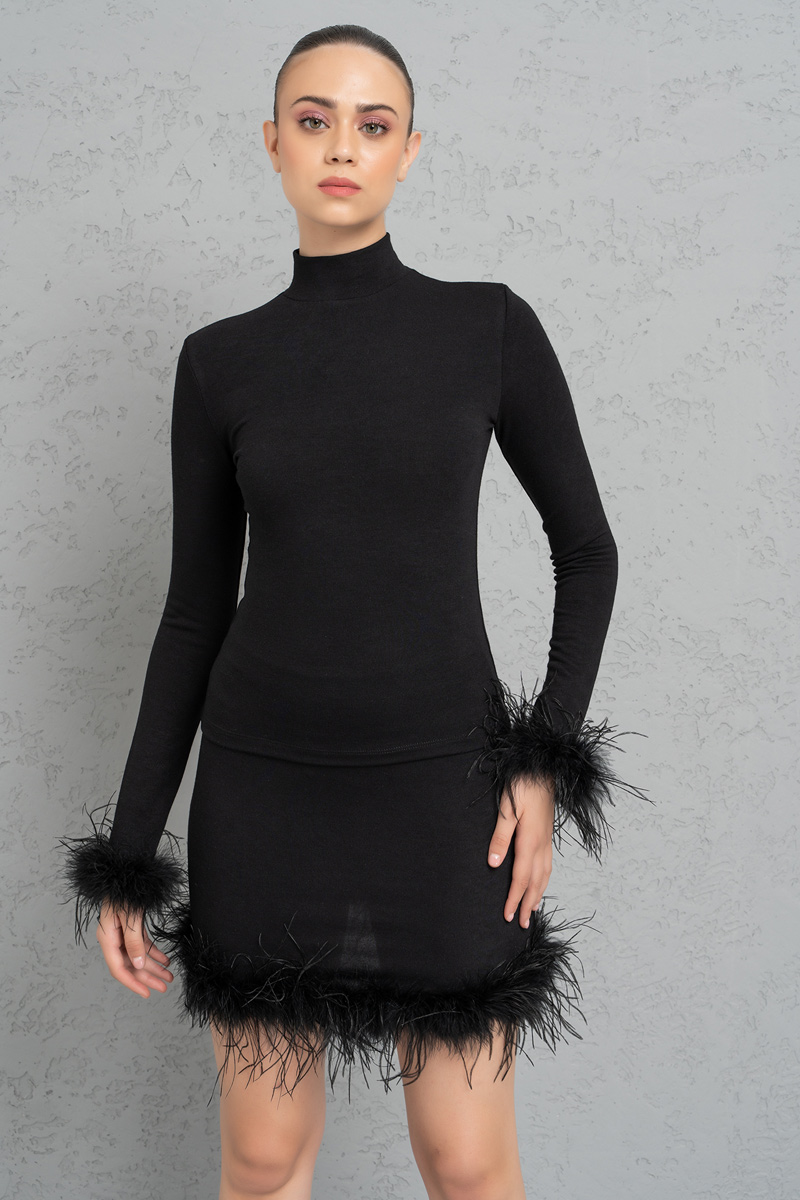 Black Mock Neck Top with Feather Cuffs