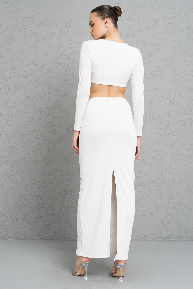 Wholesale Offwhite Long-Sleeve Crop Top & Skirt Set