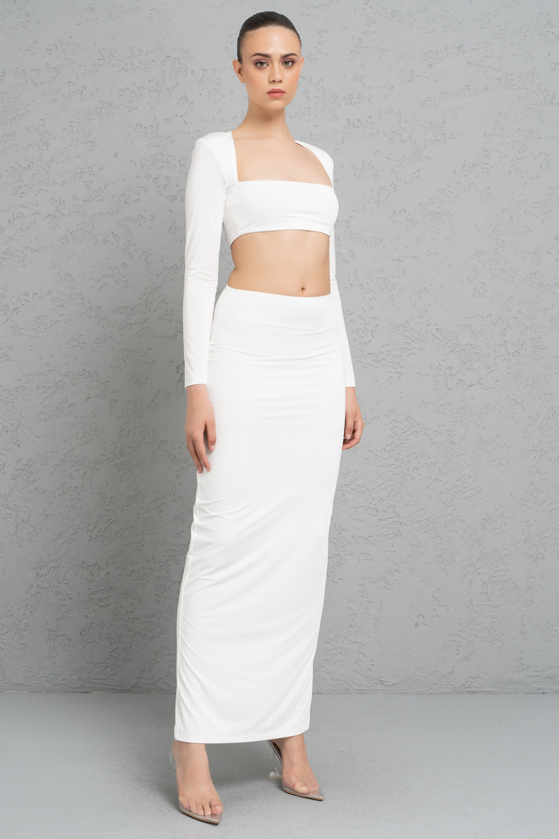 Wholesale Offwhite Long-Sleeve Crop Top & Skirt Set