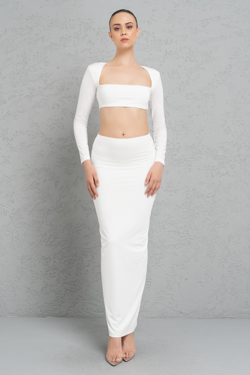 Offwhite Long-Sleeve Crop Top & Skirt Set