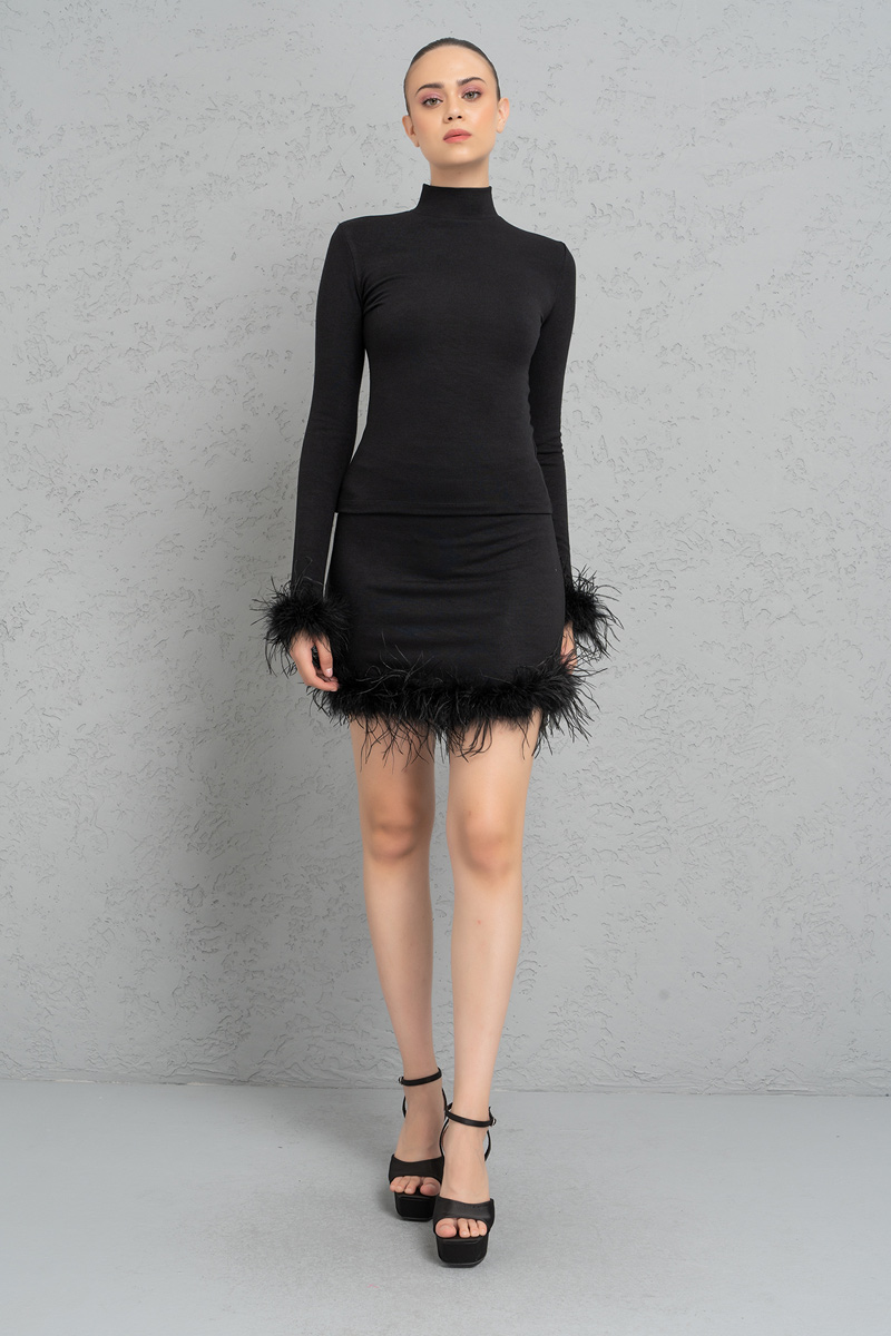 Black Mini Skirt with Feather Hem