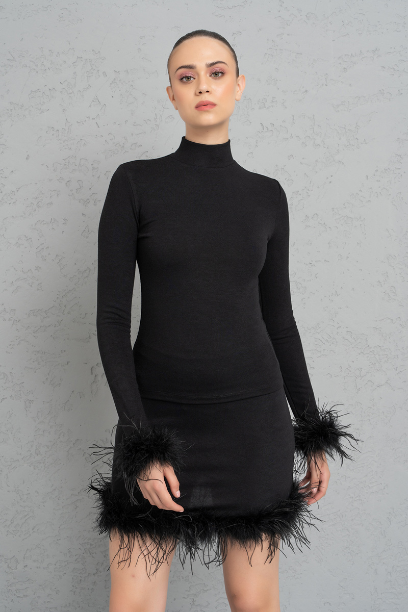 Black Mini Skirt with Feather Hem