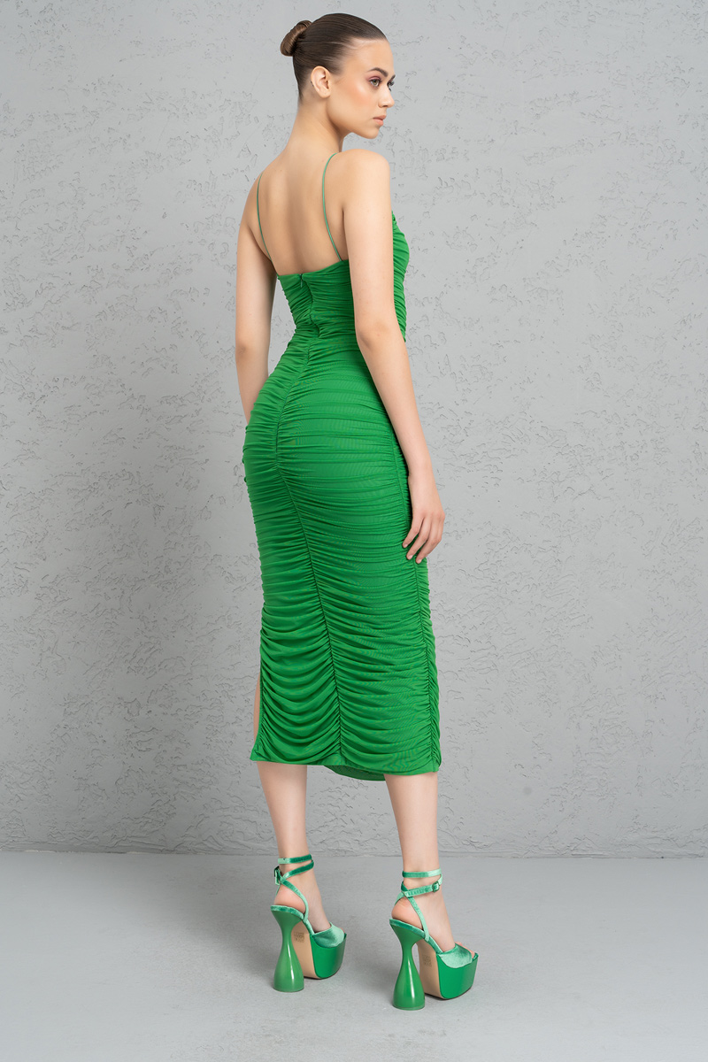 Askılı Büzgülü Kelly Green Elbise