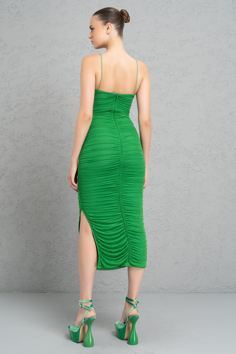 Askılı Büzgülü Kelly Green Elbise