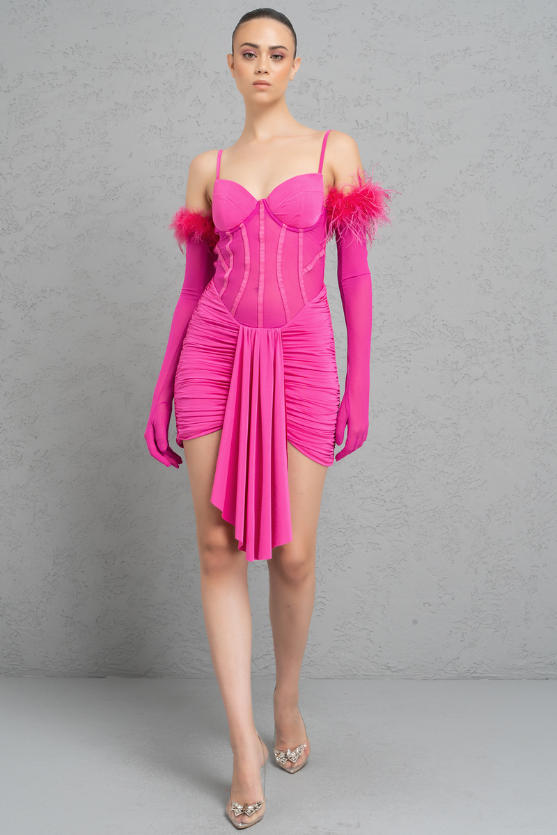 Sheer New Fuschia Dress with Gloves and Ruched Skirt