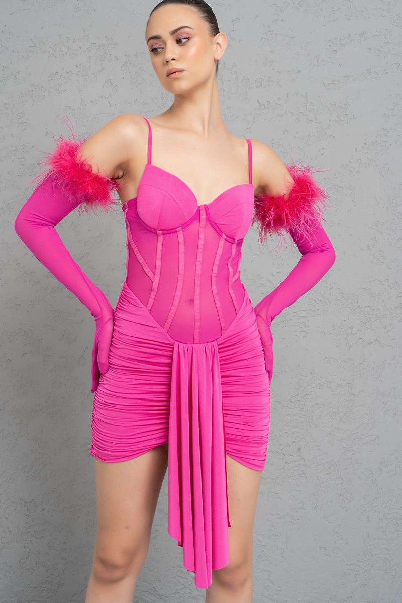 Wholesale Sheer New Fuschia Dress with Gloves and Ruched Skirt