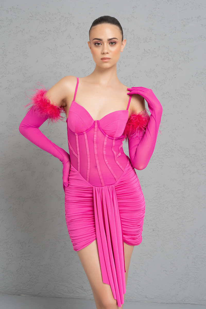 Wholesale Sheer New Fuschia Dress with Gloves and Ruched Skirt