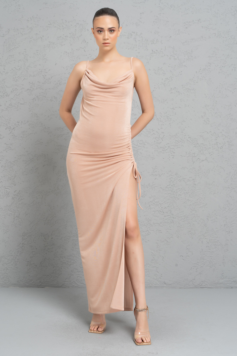 Nude Backless Cowl Neck Dress