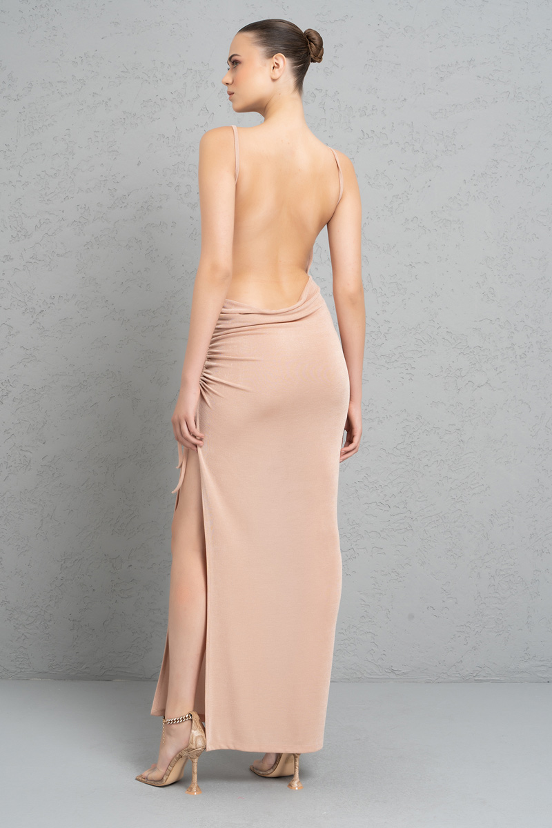 Nude Backless Cowl Neck Dress