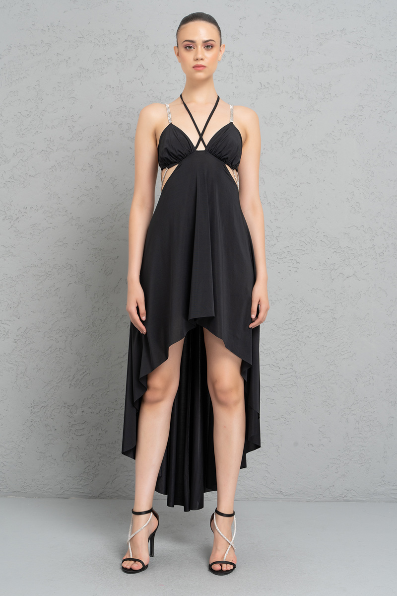 Black Cut Out Waist High-Low Dress