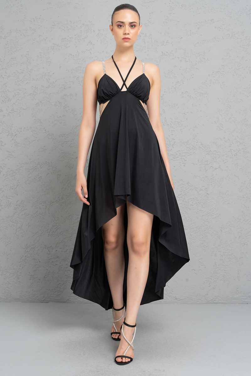 Black Cut Out Waist High-Low Dress