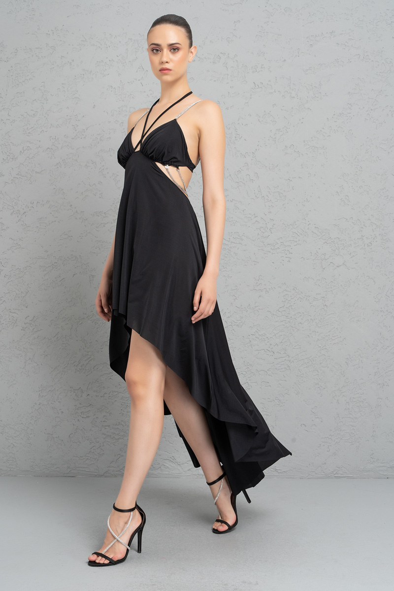 Black Cut Out Waist High-Low Dress