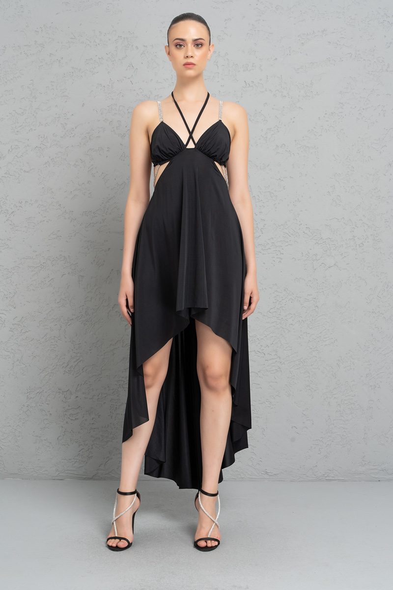 Black Cut Out Waist High-Low Dress