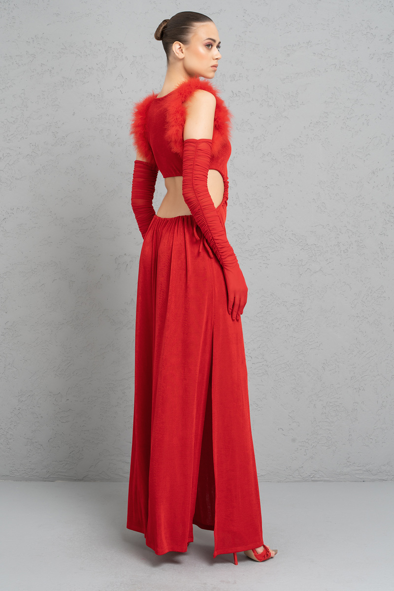 Toptan Kırmızı Transparan Tül Eldivenli Yırtmaçlı Elbise