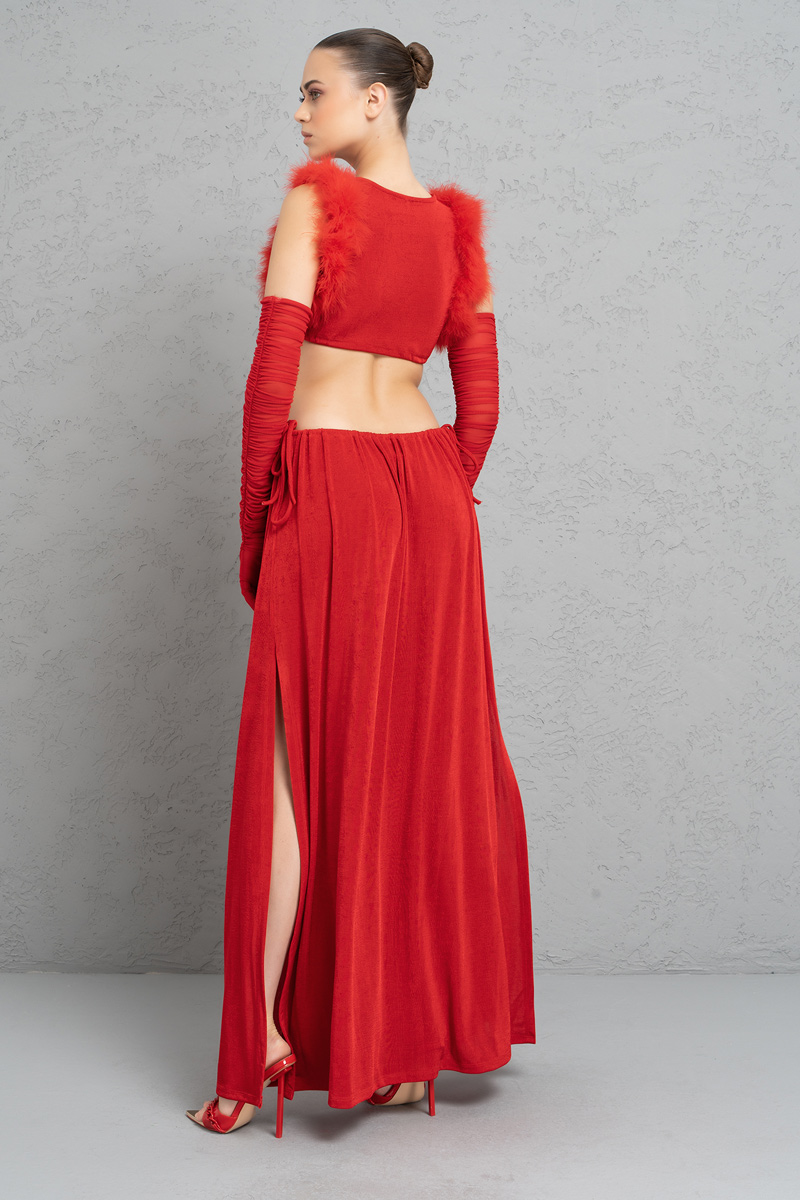 Kırmızı Transparan Tül Eldivenli Yırtmaçlı Elbise